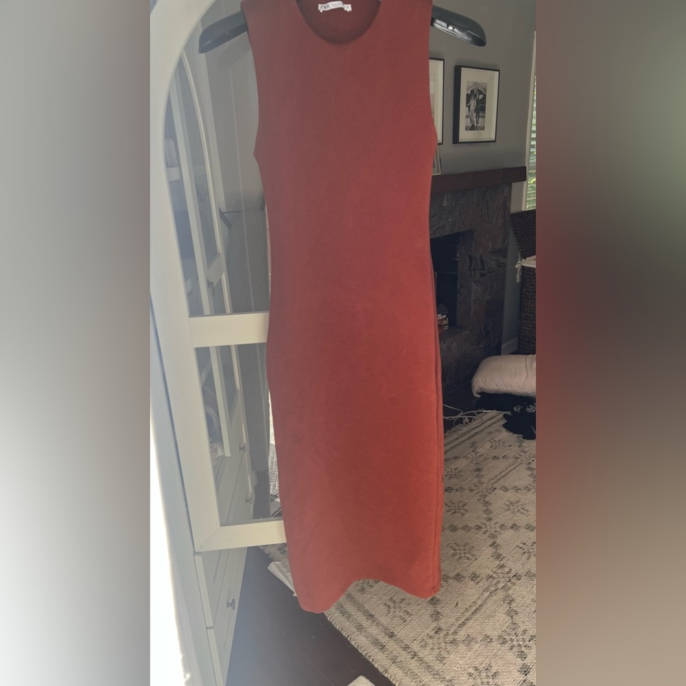 Zara Sexy Stretchy Cotton Midi Dress Open Back Rust M